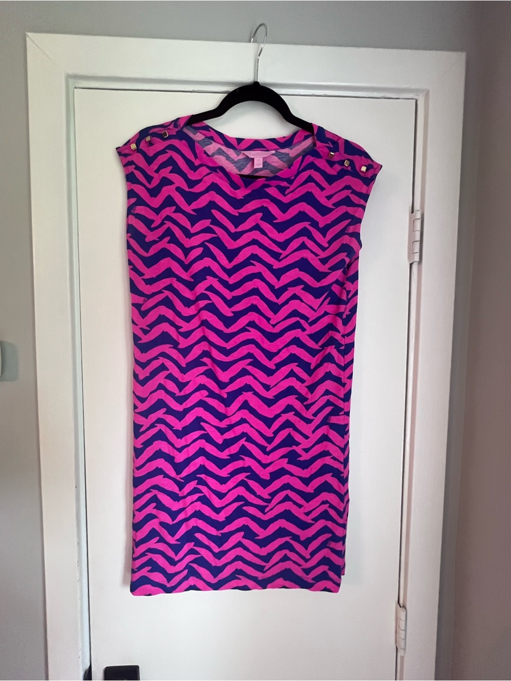 Lilly Pulitzer Pink/Blue Chevron Shift Dress XS Pima Cotton Scoop Neck Knee